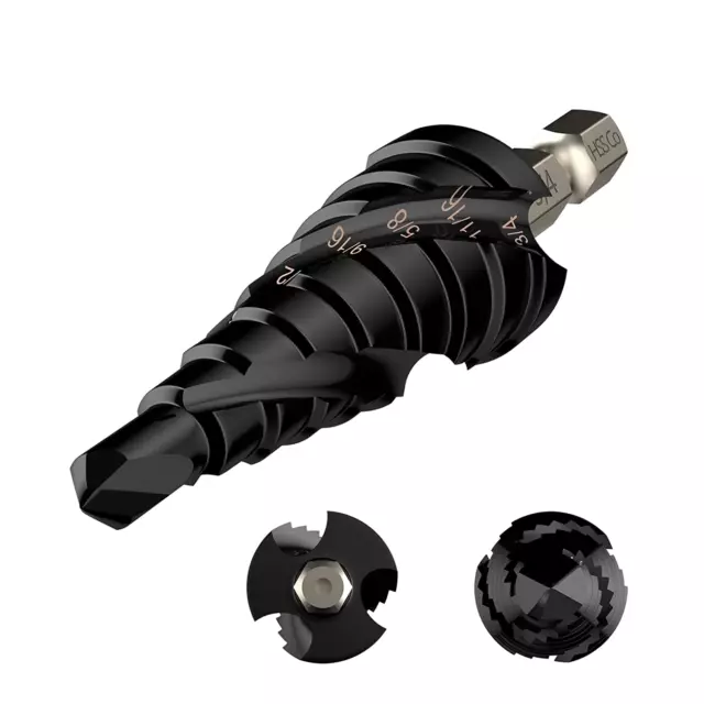 M35 Step Drill Bit, 1/4”-3/4" Impact Ready Three Spiral Flute Unibit Step Bit, 1