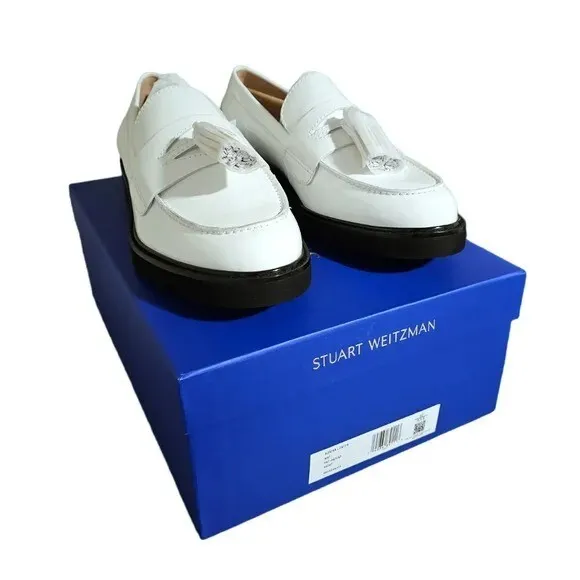 Stuart Weitzman Adrina Tassel Patent Leather Loafers in White Size 9.5 NIB