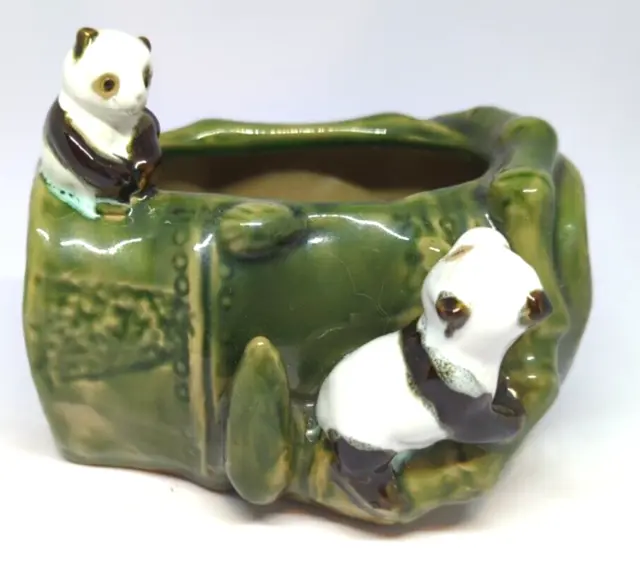 Vintage Lucky Bamboo Pandas Green Glaze Ceramic Pottery Planter Signed B-572 CAI