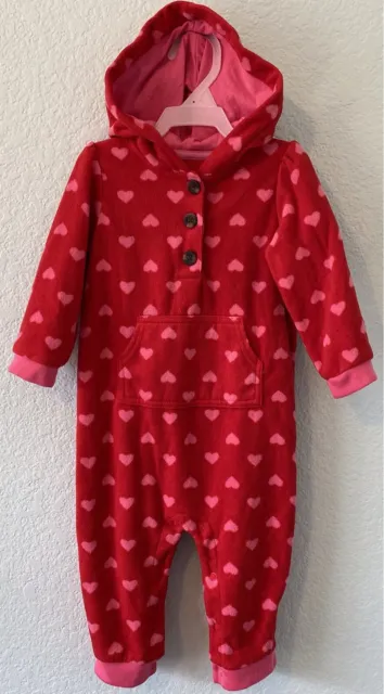 Baby Girls Carter’s 1 Piece LS Fleece Romper/Jumpsuit Red-Pink Hearts Hooded 12M