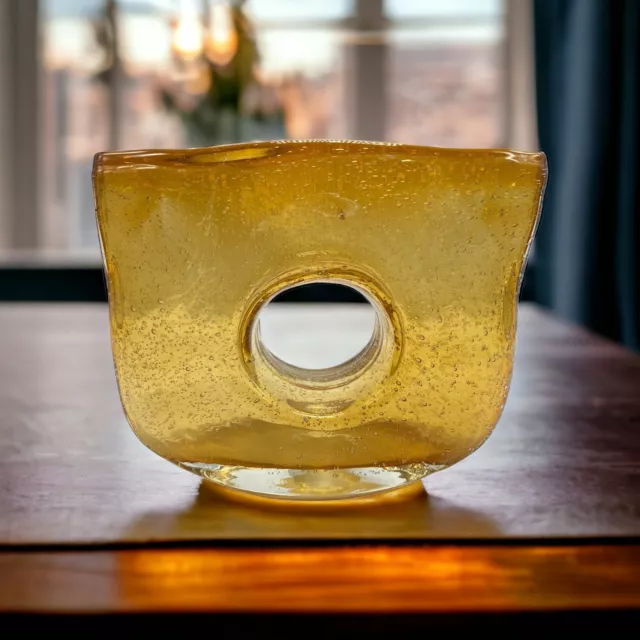 Amber Bubble Glass Vase MCM Rectangular Shape with Circular Cutout 8”W x 6”H EUC