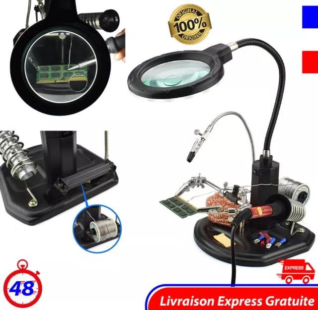 Troisième Main Loupe Lampe LED Support Fer souder Pinces Clips Soudage Zoom X4