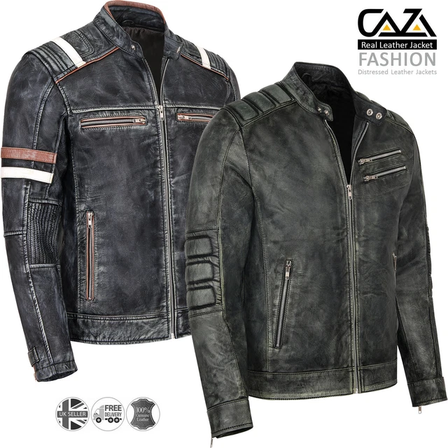 Giacca in vera pelle di pecora biker uomo vintage moto nero caffè da corsa