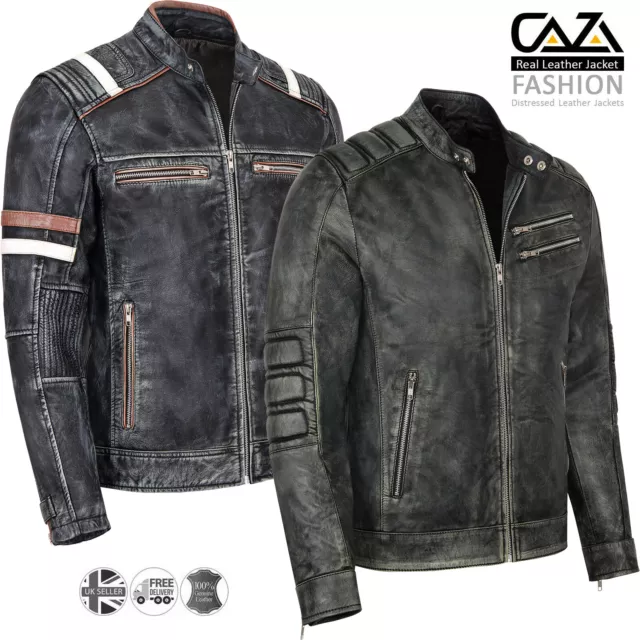 Real Sheepskin Biker Leather Jacket Men Vintage Motorcycle Black Cafe Racer Coat