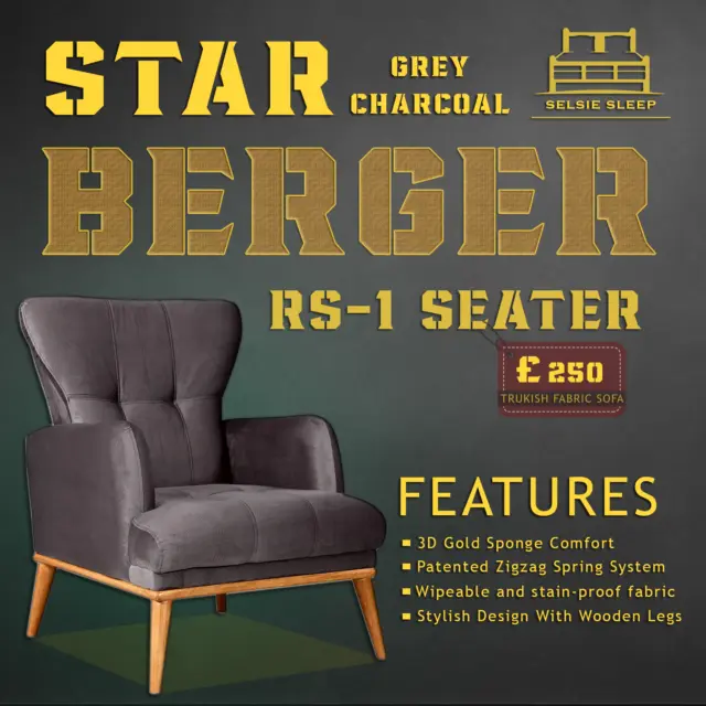 Star Berger Grey Charcoal 1 Seater Chair Sofa wood Cozy Living Space Turkey Made