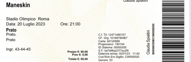 Concerto Maneskin - Roma 20/07/2023 - da 1 a 3 biglietti - Prato