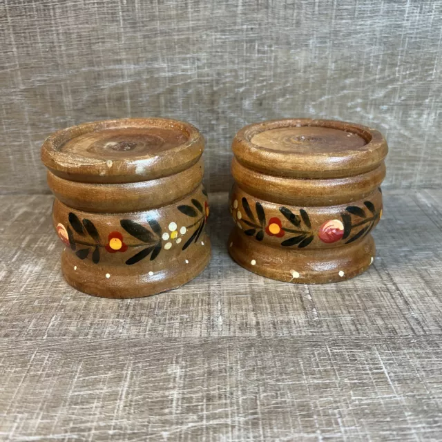 Pair Vtg Hand Painted Round Wooden Candlestick Holder Floral Design Germany 1982