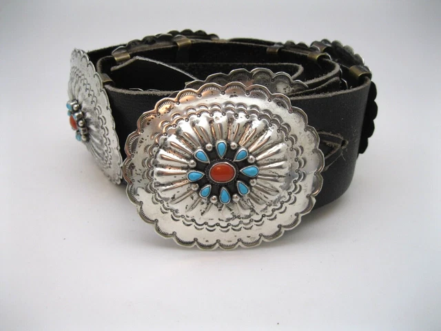 THE BEST Vintage Navajo Sterling Silver Turquoise & Coral Concho Belt signed TG THE BEST Vintage Navajo Sterling Silver Turquoise & Coral Concho Belt signed TG