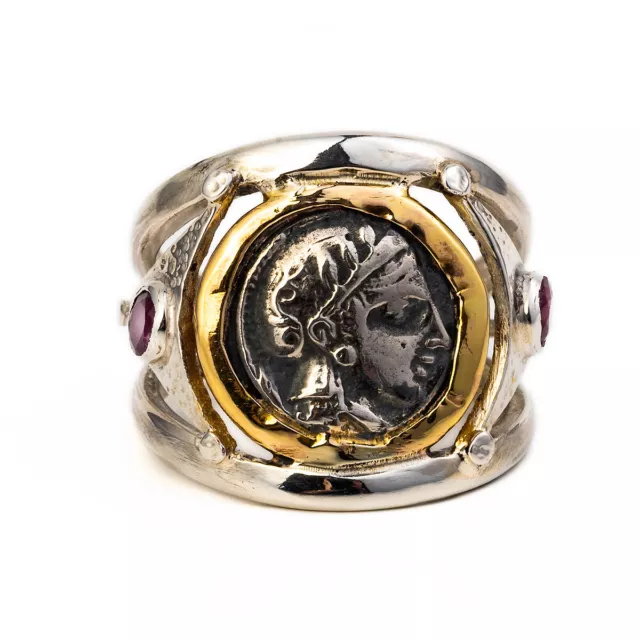 Athena Coin Ring with Rubies Sterling Silver & 14K Gold, Ancient Greek jewellery