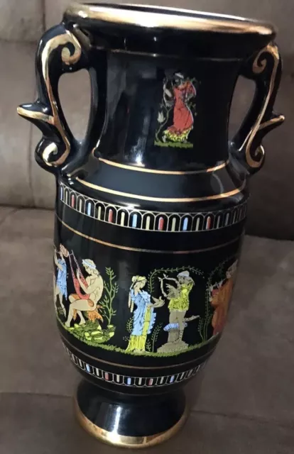 Black Ceramic Vase Handmade Greece  24 Kt Gold Greek Mythology