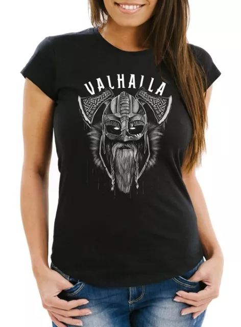 Damen T-Shirt Aufdruck Valhalla Wikinger Helm Viking Odin Krieger Fashion