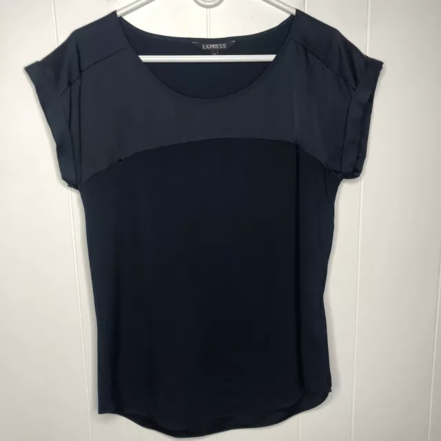 Express Blouse Women's Size Small Navy Blue Cuffed Cap Sleeves Scoop Neck Tunic