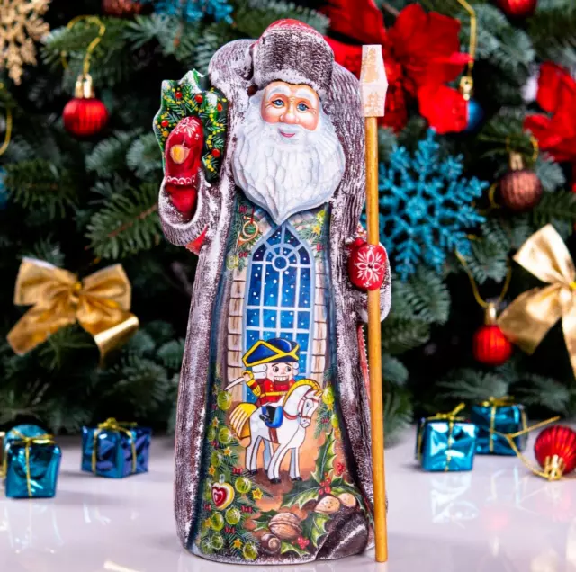 Wooden carved Santa Figurine 11" Russian Santa Ded Moroz, MADE IN UKRAINE