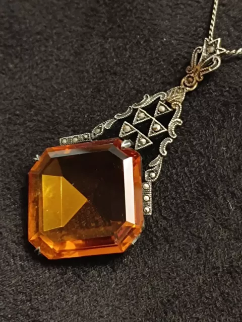 Vintage Sterling Silver 6cm Amber Glass Paste Vintage Necklace