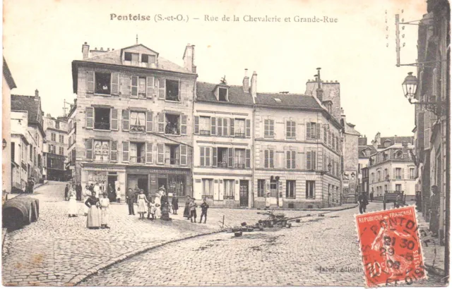 * VAL d'OISE 95 * PONTOISE : rue de la chevalerie et grande rue 29-5-1908 animée