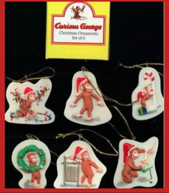 Curious George Christmas Ornaments Set Of 6 Monkey Porcelain NIB 90s Vintage