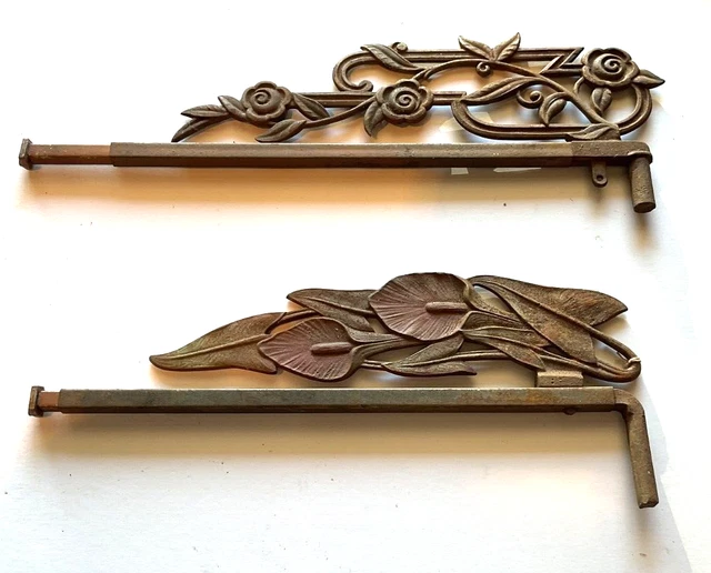 Two ANTIQUE Curtain Holders Brackets Iron Swing Rid Adjustable Vtg