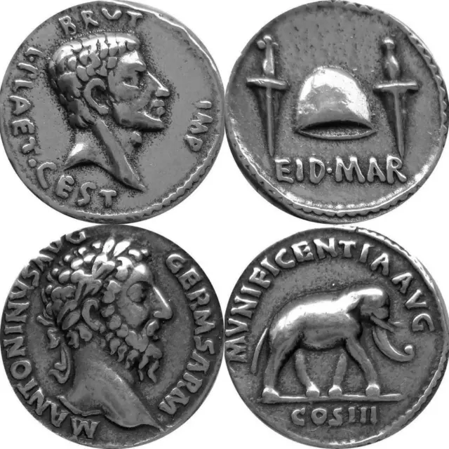 Brutus EID Mar & Marcus Aurelius Elephant, 2 ROMAN REPLICA REPRODUCTION COINS