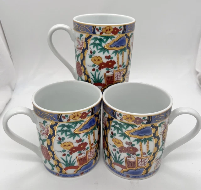 Set of 3 IMARI GOHAN Asian China Coffee Tea Mug Cup Floral Gardens Gold