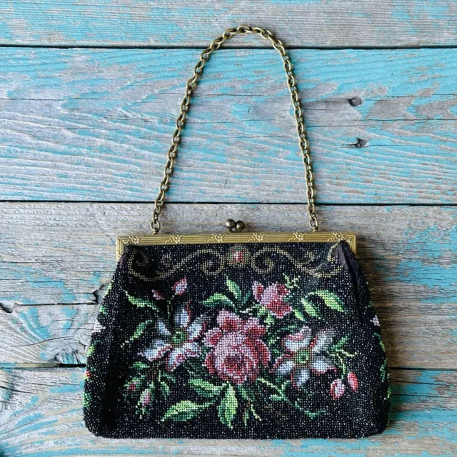 Vintage 1960s Handbag Purse with Chain Needlepoint Black Floral Tapestry Beaded