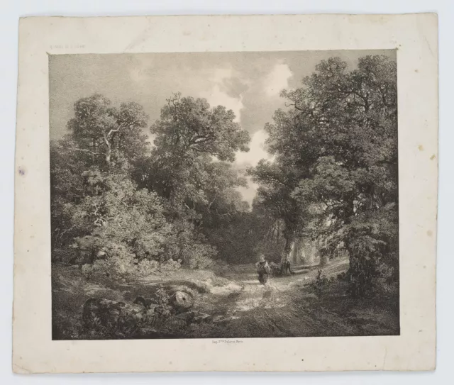 Nach CALAME (*1810), Waldweg mit Spaziergängerin, Lith. Romantik Landschaft 2
