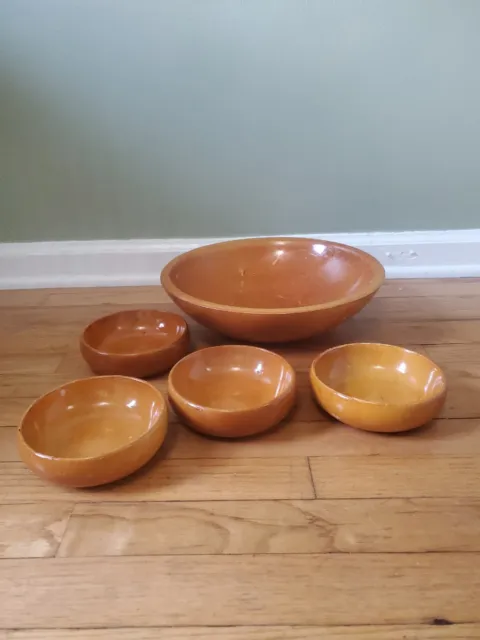 4 Vintage Parrish Wood  6" Round Bowls With 13" Large Salad Bowl