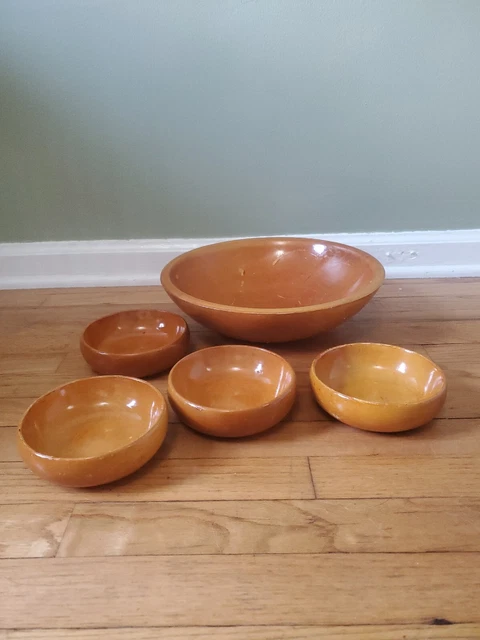 4 Vintage Parrish Wood  6" Round Bowls With 13" Large Salad Bowl