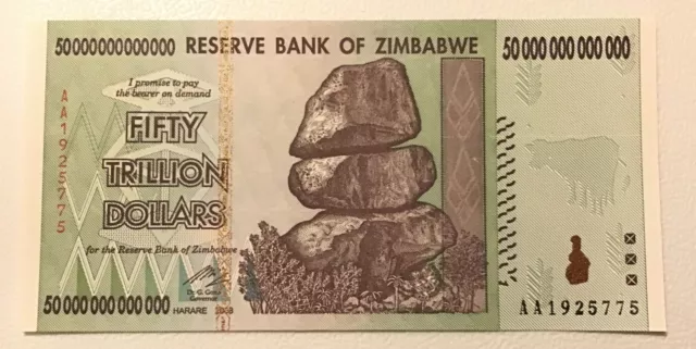 Zimbabwe Banknote. 1 x 50 Trillion Dollar Note. Unc. Dated 2008. AA Prefix.