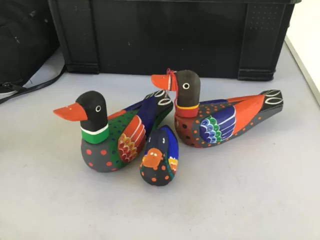 Wooden Handmade Painted Decoy Pair Ducks w/chick Wedding Gift