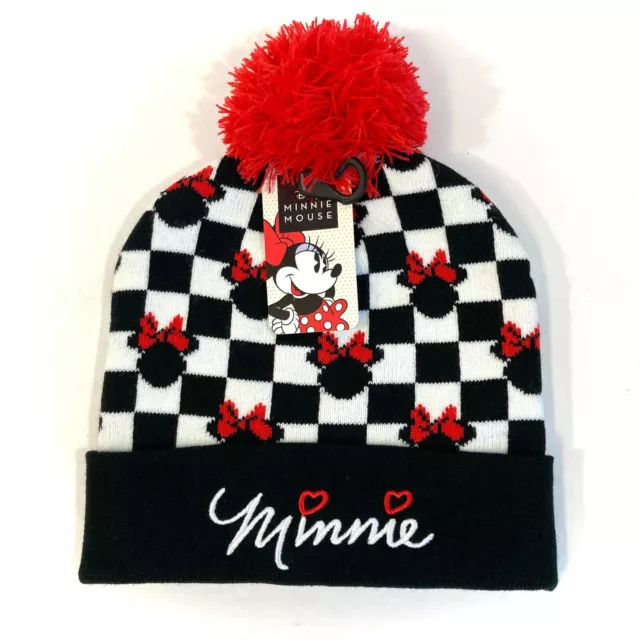 Womens MINNIE MOUSE POM BEANIE black white red checkered Disney winter knit hat