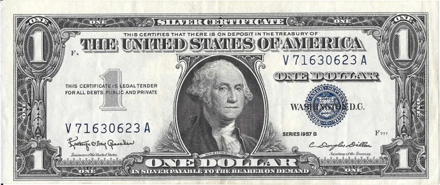 1957B Series B silver certificate 1 blue seal dollar bills