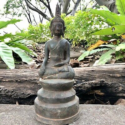 12.4" Thailand Chiang Rung Antique Buddha Statue On Carved Lotus Circle Base