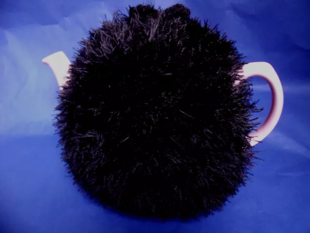 Funky fluffy tea cosy hand knitted in Wales BLACK please see size guide for fit