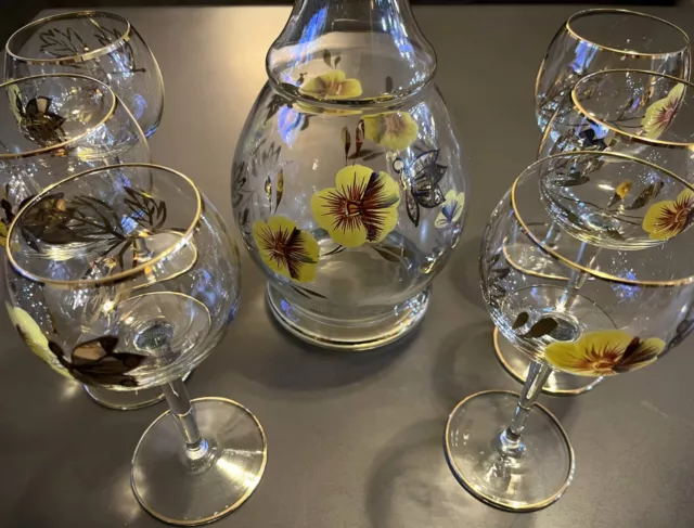 Vintage Romanian Glass TALL Decanter Set 6 Wine Glasses Handpainted Yellow