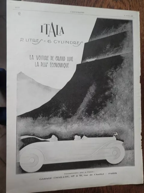 ITALIA 2 litres 6 cyl garage CHAILLOT + RADIO L.L. pub papier ILLUSTRATION 1927