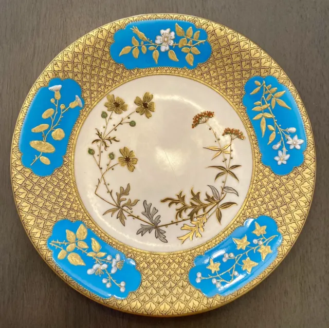 Antique Hand Painted Cabinet 9.25" Plate, Worcester, Raised Gold Enamel