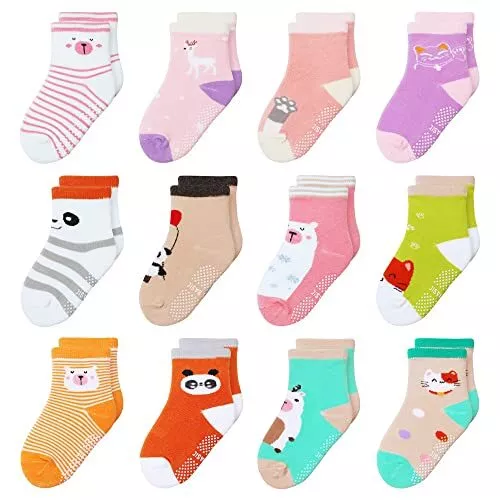 12 Pack Non Slip Kids Toddler Baby Socks 3-5T Orange/Purple/Green/Grey/Stripe