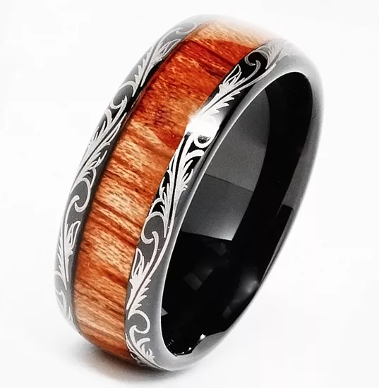 Tungsten Mens Carbide Ring 8mm Wood Inlay Dome Edge All Sizes Wedding Band M63