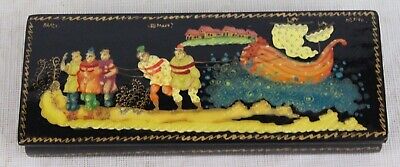 Vintage Hand Painted Black Lacquer Russian Wood Signed Trinket Box