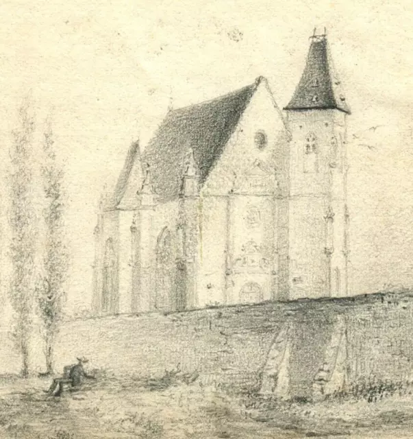 Crayon Ancien Dessin Original 19ème siècle Loigny Paysage, Eglise, Personnage