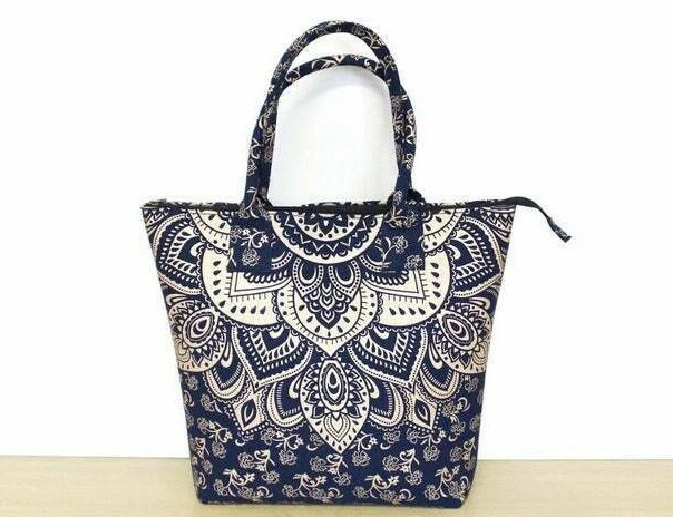 Femmes Épaule Shopping Sacs, Fait à la Main Bleu Or Imprimé Floral Coton Sacs à