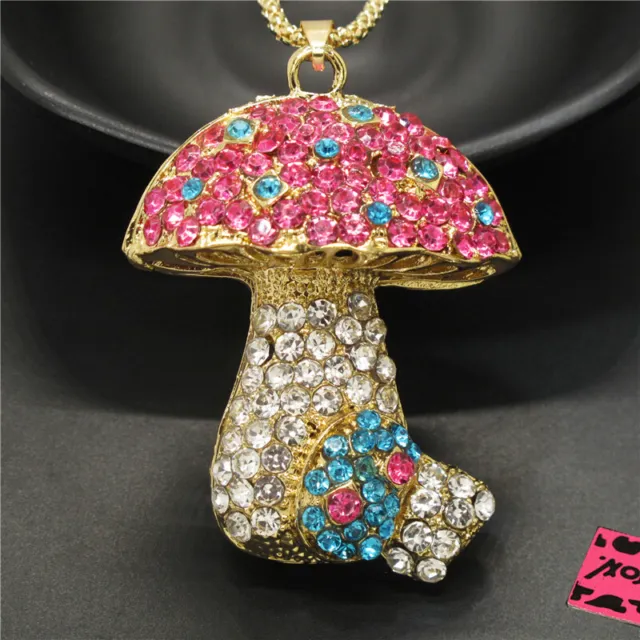 New Betsey Johnson Cute Pink Mushroom Rhinestone Crystal Pendant Women Necklace
