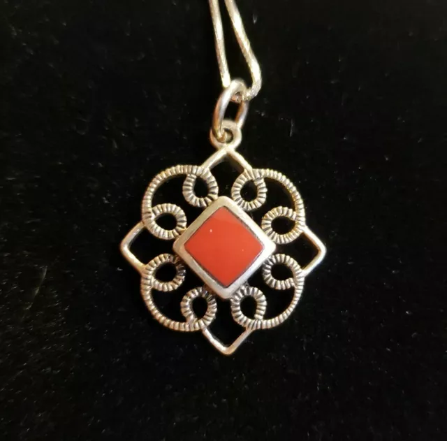 RED CORAL Sterling Silver Necklace, Textured & Polished Quatrefoil, 18" Chain