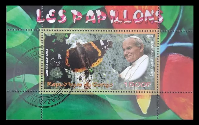 072.Congo 2009 Used Stamp M/S Butterflies, Pope Jean Paul Ii