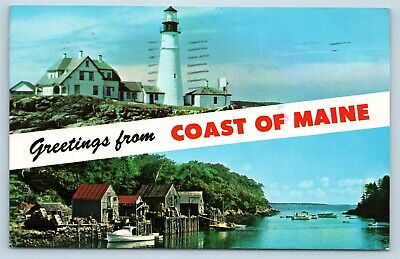 Postcard ME Banner Dual View Greetings From The Coast of Maine Vintage #3 O16
