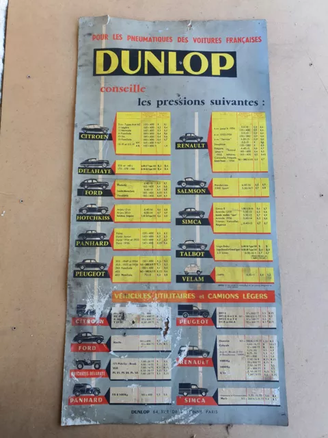 Rare tableau de gonflage DUNLOP en carton années 50. - no plaque émaillée.