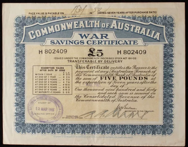 AUSTRALIA WWII £5 War Savings Certificate large size prefix H.