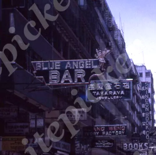 sl69 Original slide 1975 Hong Kong downtown Swindon Blue Angel Bar Stores 199a