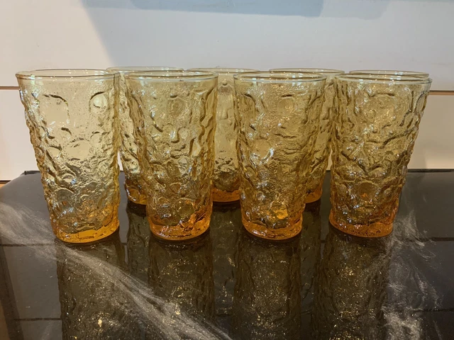 Vintage Anchor Hocking Lido Milano Amber Gold Crinkle 5.5" Glasses Set of 8 EUC 