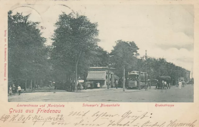 AK Gruss aus Friedenau Marktplatz Rheinstr. Blumenhalle + Straßenbahn, 1900 gel.